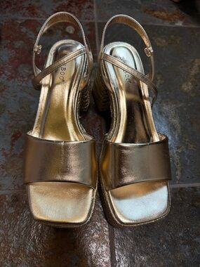 BAMBOO Metallic Gold Wedge Slingback Sandals